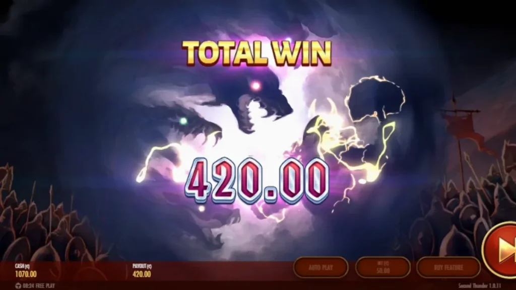 Pemandangan medan perang beku dalam slot Second Thunder dengan elemen visual ksatria dan badai salju.