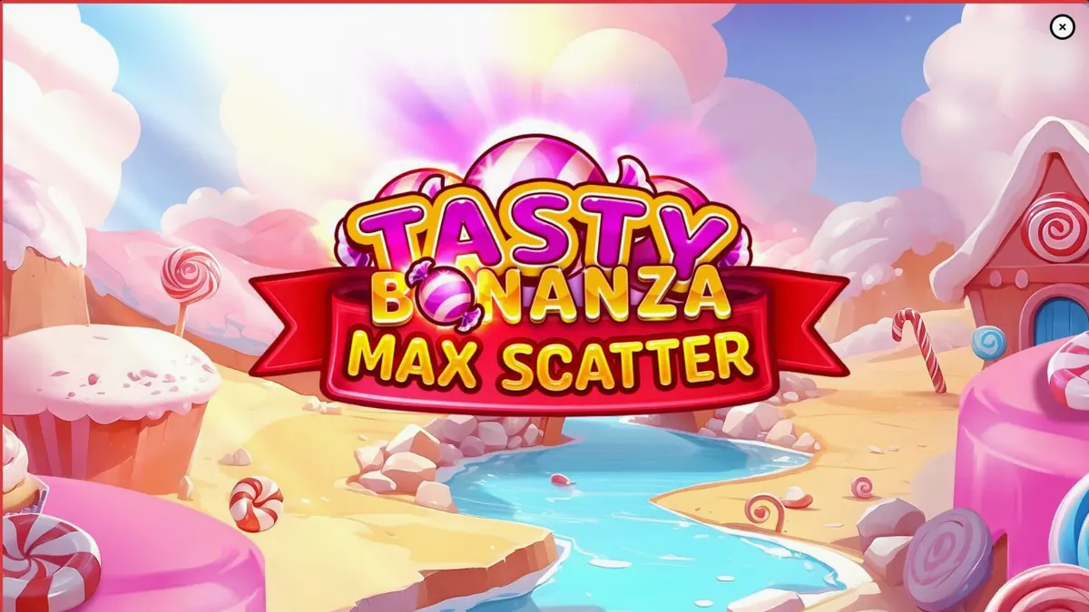 Tampilan visual penuh warna dari slot Tasty Bonanza Max Scatter dengan tema permen.