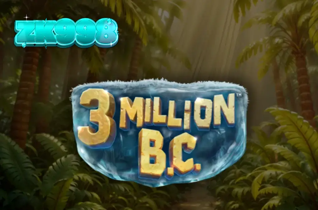 Pemandangan sinematik 3D dari slot 3 Million B.C. dengan latar belakang gua prasejarah dan roda jackpot.