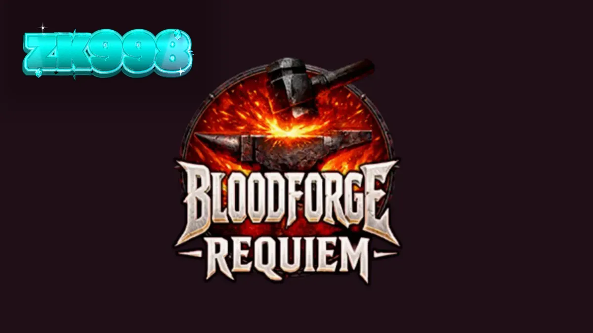 Tampilan visual slot Bloodforge Requiem dengan tema bengkel pandai besi yang membara.